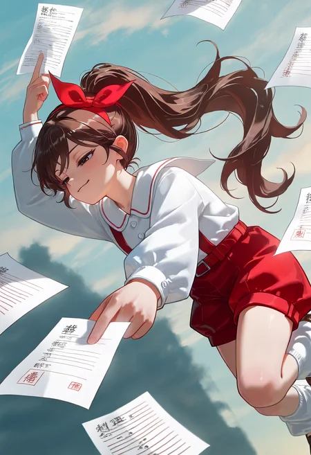 1girl, honored, ruirui, midair, smirk, half-closed eyes, brown hair,long hair,ponytail,long hair, hair bow,white shirt,long sleeves,red suspender shorts,loose socks,loafers, brown eyes, holding paper, 
<lora:cfg_scale_boost:0.3>,<lora:nai_noob_new_1536:0.3>,<lora:nyaliaXLNBVP1lokrV6311P:0.3>, <lora:illustriousXL_stabilizer_v1.23:0.4>, <lora:honored:1.0>, <lora:ruirui_ill_v1.0:1>, (masterpiece, best quality, newest, highres:1.3), good quality, very aesthetic, absurdres, newest, very awa,
