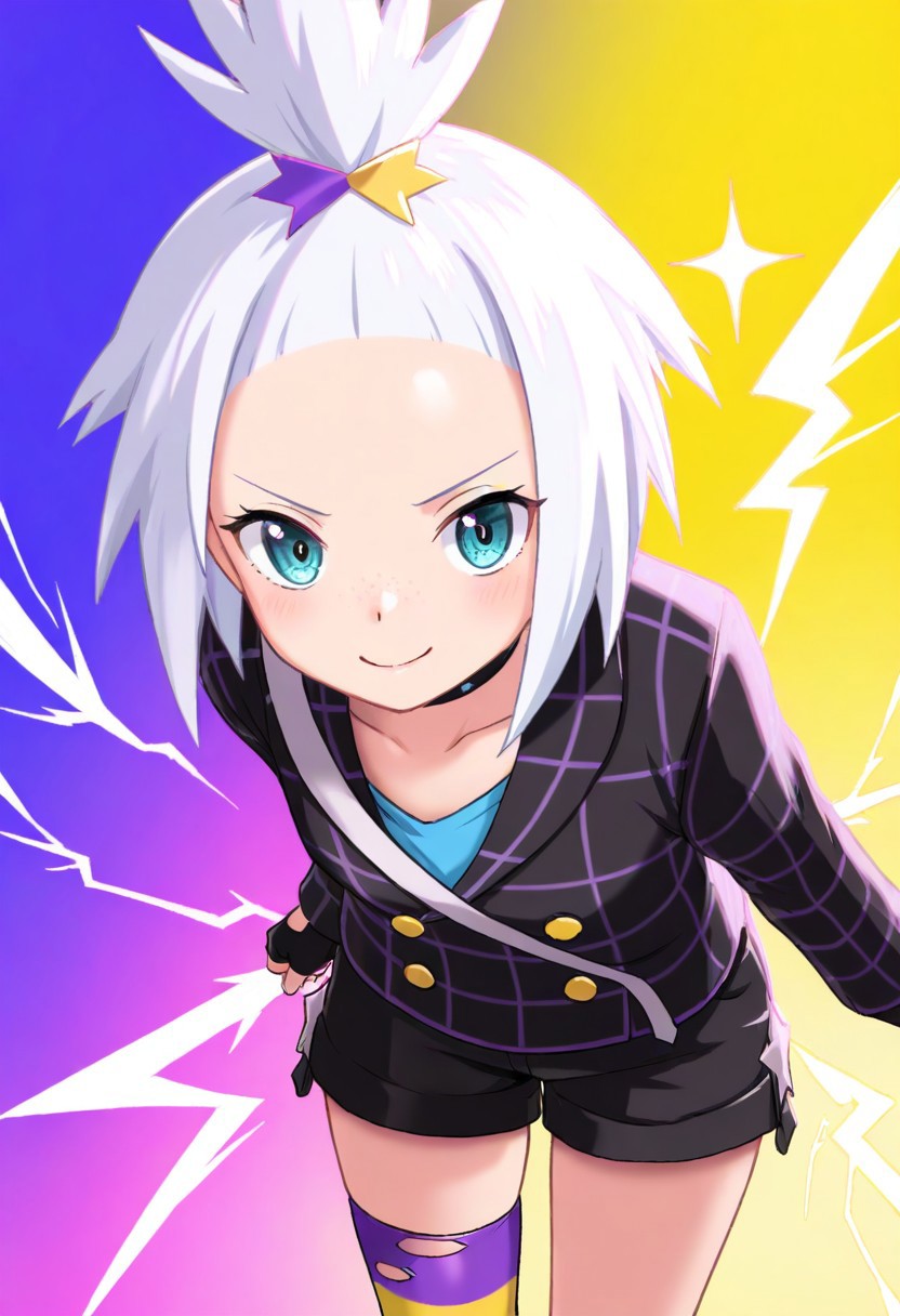 2d, masterpiece, best quality, amazing quality, 1girl, solo, close-up, standing, smile, upper body, leaning_forward, looking at viewer, multicolored background, sparkle, gradient background, colorful background, purple background, yellow background, electricity, sparkle, sygroxie, blue eyes, white hair, topknot, hair hornament, spiked hair, choker, collared jacket, long sleeves, yellow buttons, blue shirt, black shorts, fingerless gloves, black gloves, single thighhigh, torn thighhigs, striped thighhighs, purple socks, yellow socks, black jacket