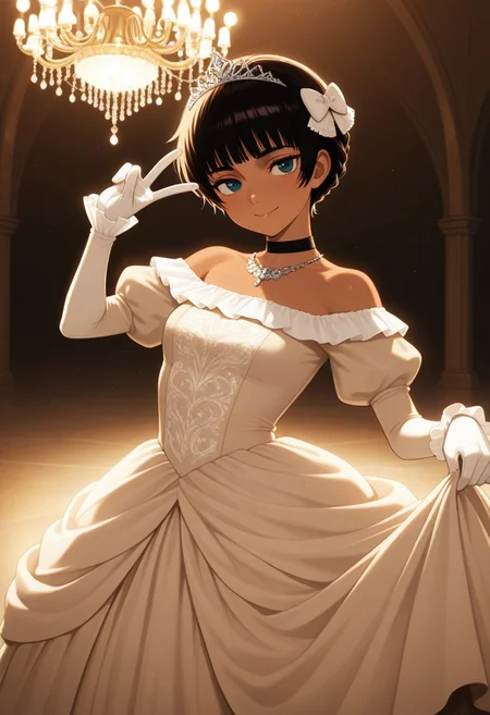 masterpiece, best quality, amazing quality,
1girl,,casca_(berserk), dark-skinned female, pixie cut,(blunt bangs:2),black choker, (princess braid:1.4),Sepia colour dress, juliet sleeves, necklace,flower hair bow,(hair ornament:1.2),
Tiara, ballgown, exposed shoulders, ruffled sleeves,
white glove,
,v, smile,
dance_hall,chandelier,at night,Dressed ladies and gentlemen background