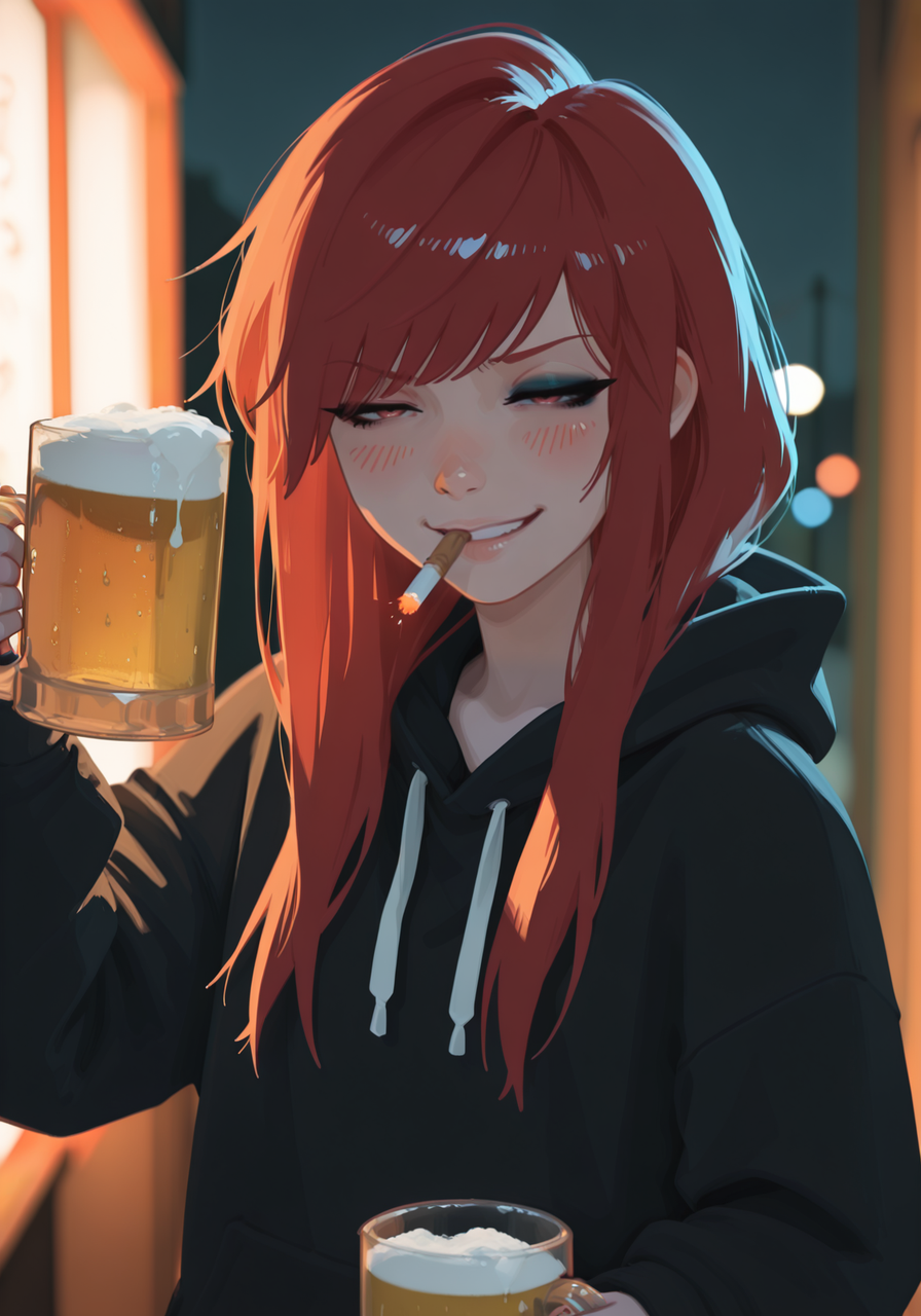 embedding:IllusP0s, g00se, angled bangs, long hair, eyeliner, eyelashes, baggie hoodie, holding beer mug, dual wielding, akimbo beers, cigarette in mouth, smirk, squinting, blush, 1girl, solo, night, embedding:IllustriousQual, embedding:Smooth Quality,<lora:scenequ33n_ill.safetensors:1.0:1.0> <lora:g00se_v2_ill.safetensors:0.9:0.9>