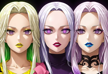 empty eyes, hypnotized, blank stare, anime, females, lipstick, blue lipstick, black lipstick, yellow lipstick, purple lipstick, green lipstick, red lipstick, pink lipstick, colorful lips, colorful lipstick, glossy lips, casual clothes, applying lipstick, long hair, white hair, purple eyes, close up, face, staring at each other