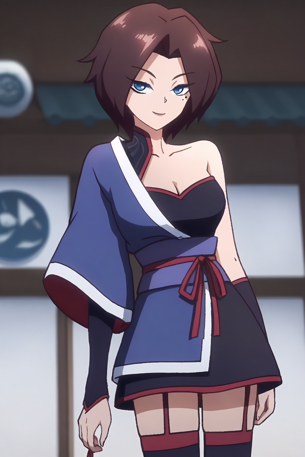 <lora:meihuashiyi:1>,meihuashiyi,1girl,solo,blue eyes,mole under eye,brown hair,short hair,parted bangs,
single bare shoulder,cleavage,collarbone,meihuashiyi,thighhighs,garter straps,japanese clothes,
looking at viewer,smile,, masterpiece,best quality,amazing quality,absurdres, anime screenshot, lazypos ,