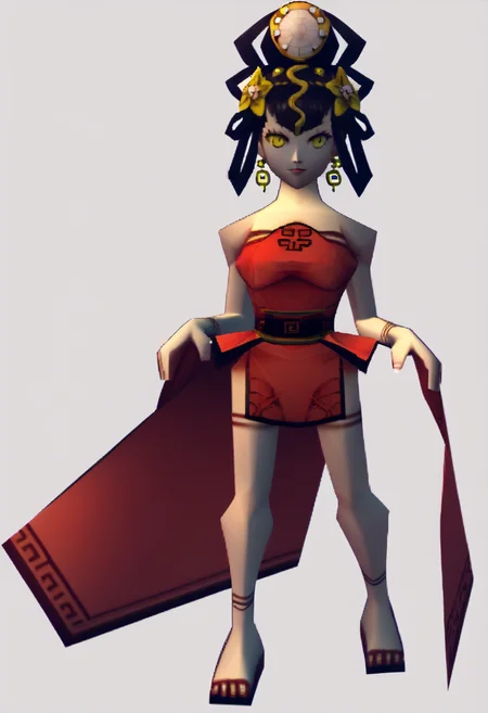 score_9, score_8_up, score_7_up, source_anime BREAK 1girl, solo,
 <lora:zs_N64ZeldaStyleXL:1> n64zeldastyle, 3d, polygonal, white background, full body
 <lora:zs_NuwaXL:1> nuwasmt, black hair, hair ornament, yellow eyes, red dress, bare shoulders, breasts, jewelry, chinese clothes, standing