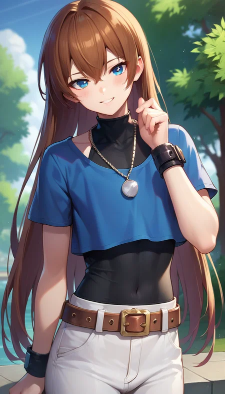 score_9,score_8_up,score_7_up,score_6_up BREAK official art,1girl,solo,outdoors,upper body,(portrait:1.5),looking at viewer,facing viewer,smile,blush,androgynous,Chris,very long hair,brown hair,sidelocks,hair between eyes,bangs,blue eyes,jewelry,necklace,blue shirt,turtleneck,black vest,vest covered navel,short sleeves,wristband,bracelet,large breasts,groin,brown belt,white pants,pants rolled up,black socks,blue boots,<lora:Chris(kof)-Pony:1.4>,