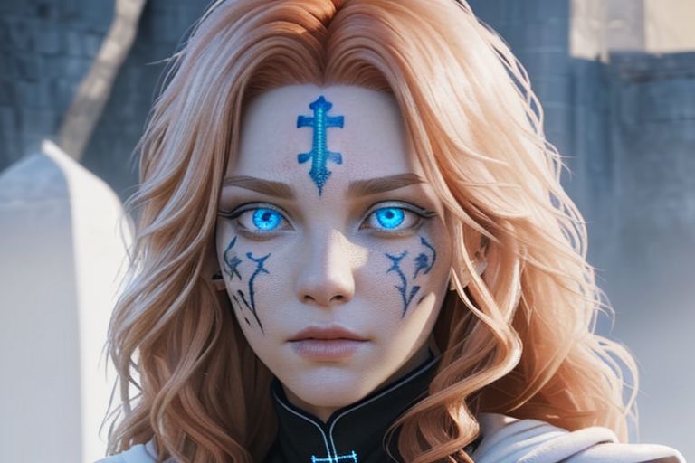 bright red hair, human female, (feminine:1.7), (beautiful face, detailed face:1.6), (beautiful eyes, detailed eyes:1.7), (looking at viewer, eye contact, intense:1.6), (long hair, red hair, curly hair:1.3), , ((masterpiece, best quality, high resolution, realistic, best quality,)), photo realistic, Perfect Face, (detailed face). <lora:GoodHands-vanilla:0.6> <lora:add-detail-xl:0.8>, mage, (Dress White military uniform coat), dagger, rune dagger, glowing runes, , (((glowing magic symbols tattoos, religious tattoos))), ((face tattoos)), glowing tattoos, stone tower in the background