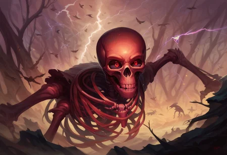(((detailed, beautiful, high quality))), score_9, score_8_up, score_7_up, source_anime, skeleton, red glowing eyes, black sclera, multiple skeletons, foggy, night time, realistic, dynamic lighting, lightning bolts, dark forest background, detailed background, birds eye view