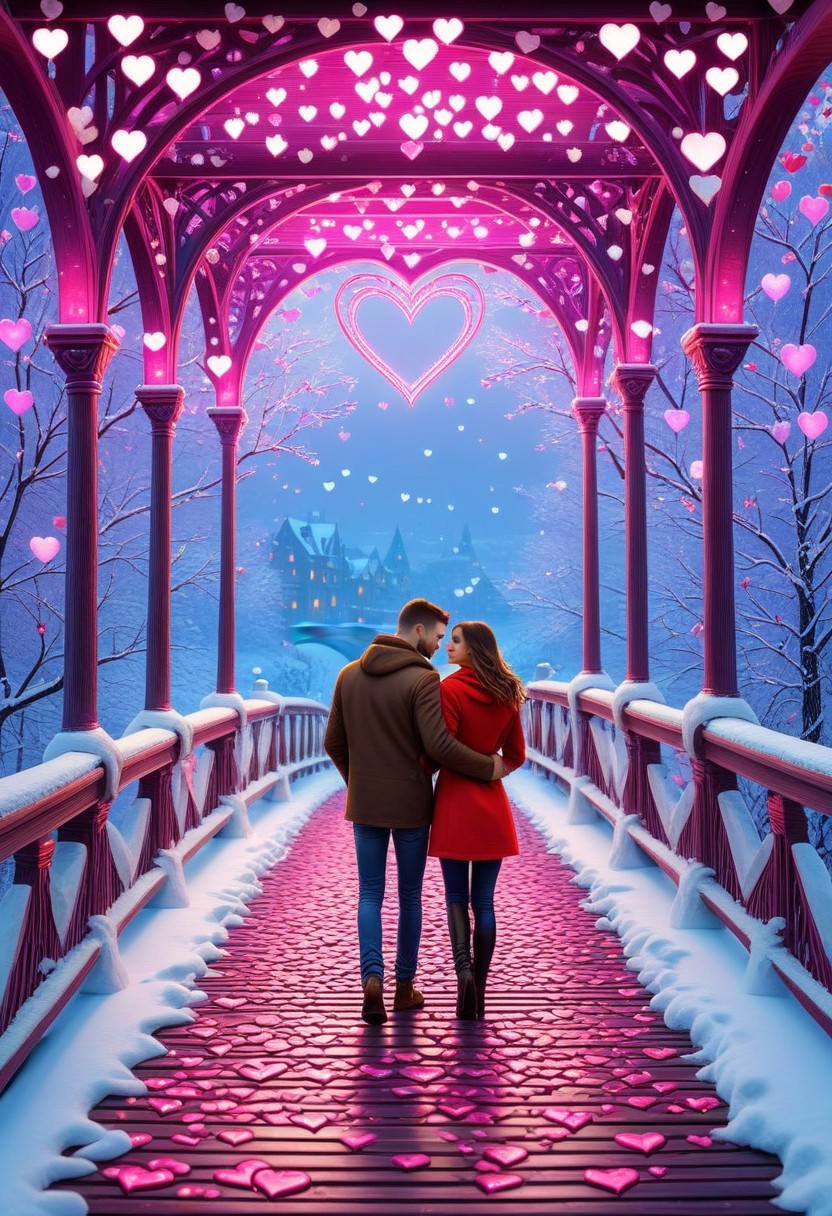 Valentine's Day theme, whimsical, affectionate couple at a town bridge, romantic, lots of hearts, winter, natural lights, intricate and detailed, cozy and warm, (neon electric digital painting), enhanced textures, creative, beautiful, vibrant, masterpiece, 8k, ultra HD, ultra-detailed, amazing quality, amazing artist, sharp edges, detailed textures, full view, atmospheric lighting, amazing visuals