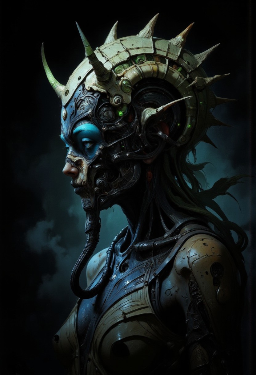 A futuristic, surreal portrait of a woman shrouded in darkness, her profile illuminated by a soft, otherworldly glow. She wears an intricate biomechanical headpiece that curves around her head like a metallic spine. The headpiece, made of segmented, textured metallic coils, emanates an eerie greenish hue and appears both ancient and advanced. Horn-like protrusions emerge from its design, enhancing its alien, almost predatory aesthetic. Her face is partially obscured by a menacing mask crafted from bone-like material and dark, textured metals. The mask wraps around her lower face and nose, featuring jagged edges and organic curves that blend with the biomechanical motif. The design suggests a functional purpose, perhaps a breathing apparatus or ceremonial ornament. A flexible, ribbed tube extends from the mask to her collar, further adding to the utilitarian yet decorative feel of her ensemble. Her exposed shoulder and collarbone reveal smooth, glowing skin that contrasts starkly with the rough, mechanical elements of her attire. Her striking blue eye peers through the darkness, framed by bold lashes and an intense gaze. The lighting accentuates her angular features and creates a dramatic interplay of shadows across her face and headpiece. The background fades into deep black, isolating her figure and emphasizing the sculptural quality of her adornments. The composition combines cyberpunk and dystopian aesthetics, blending organic with industrial design. <lora:Exogenous:1>