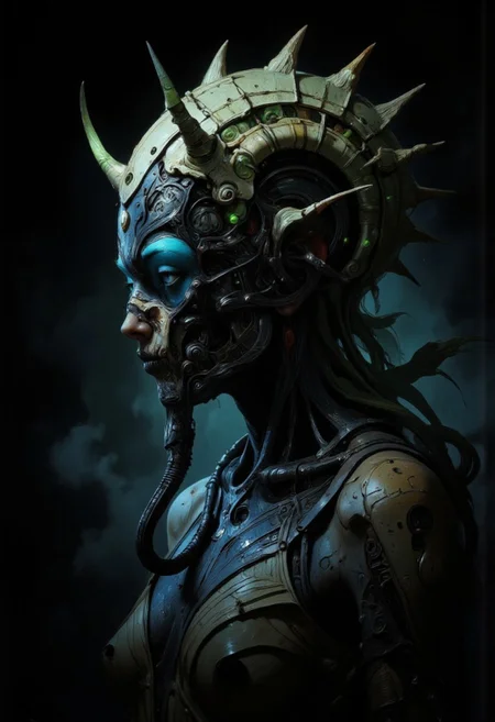A futuristic, surreal portrait of a woman shrouded in darkness, her profile illuminated by a soft, otherworldly glow. She wears an intricate biomechanical headpiece that curves around her head like a metallic spine. The headpiece, made of segmented, textured metallic coils, emanates an eerie greenish hue and appears both ancient and advanced. Horn-like protrusions emerge from its design, enhancing its alien, almost predatory aesthetic. Her face is partially obscured by a menacing mask crafted from bone-like material and dark, textured metals. The mask wraps around her lower face and nose, featuring jagged edges and organic curves that blend with the biomechanical motif. The design suggests a functional purpose, perhaps a breathing apparatus or ceremonial ornament. A flexible, ribbed tube extends from the mask to her collar, further adding to the utilitarian yet decorative feel of her ensemble. Her exposed shoulder and collarbone reveal smooth, glowing skin that contrasts starkly with the rough, mechanical elements of her attire. Her striking blue eye peers through the darkness, framed by bold lashes and an intense gaze. The lighting accentuates her angular features and creates a dramatic interplay of shadows across her face and headpiece. The background fades into deep black, isolating her figure and emphasizing the sculptural quality of her adornments. The composition combines cyberpunk and dystopian aesthetics, blending organic with industrial design. <lora:Exogenous:1>