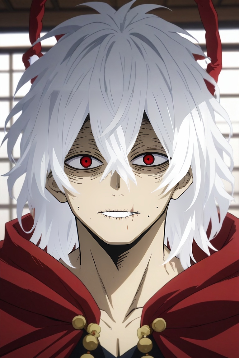 score_9, score_8_up, score_7_up, source_anime, rating_safe, intricate details, , looking at viewer, , 1boy, solo, male focus, <lora:tomura_shigaraki_pony:1>, tomura_shigaraki, white hair, red eyes, bangs, hair between eyes, scar, scar on face, messy hair, red cape, teeth, smile, mole under mouth, full body, east asian architecture, indoors, v arms, nervous, , <lora:sdxl_lightning_8step_lora:1>