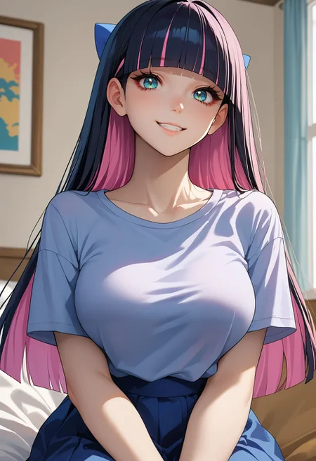 score_9,score_8_up,score_7_up,source_anime <lora:stocking_psg_pdxl_goofy:1>stocking \(psg\), black hair, pink hair, 1girl, alternate costume, arm support, blunt bangs, bow, breasts, colored inner hair, grey shirt, hair bow, indoors, large breasts, long hair, looking at viewer, multicolored hair, shirt, sitting, smile, solo, two-tone hair