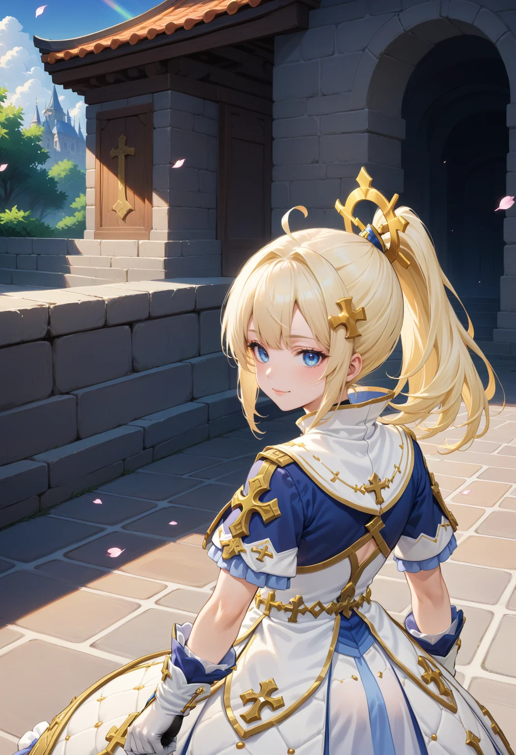masterpiece, best quality, very aesthetic, absurdres, rom_saint_xl,
1girl, blonde hair, ponytail, hair ornament, blue eyes, light smile, head tilt,
medium shot, from behind, looking back, looking at viewer, blue short sleeves with gold cross, outdoors, falling petals, light rays, tyndall effect, vivid colors, tranquil and magical atmosphere,
shiny skin, beautiful face, beautiful eyes, extreme detailed, official art, professional illustration, hires,
<lora:rom_saint_pony_xl:1>, <lora:aesthetic_anime_v1s:0.5>, <lora:add_details_xl:0.5>