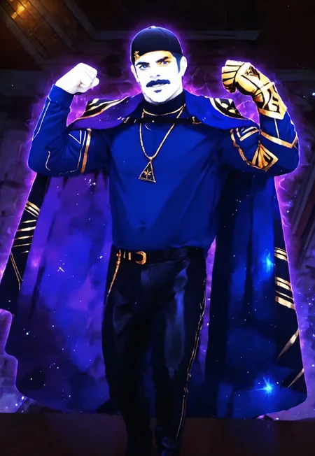 safe_pos, score_9, score_8_up, score_7_up, source_anime, rating_nsfw, ultra hd, absurdres, solo, masterpiece, best quality, best aesthetic, Expressiveh, wolfconf, 1boy

JDTraveler, dark blue facial hair, pale white skin, blue shirt, hat, galaxy cape, necklace, (portrait, headshot), looking at viewer, (zoomed in), headshot, ((dutch angle)), mustache, flexing arms