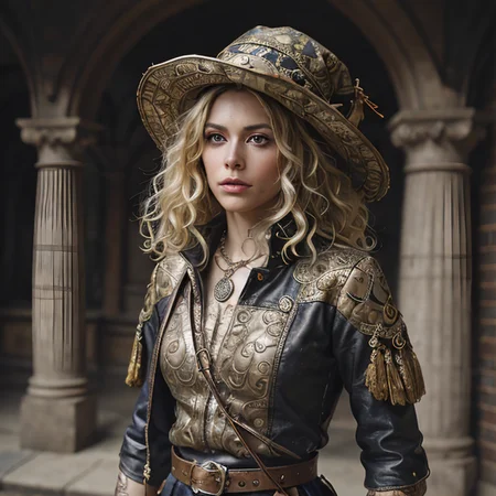 RAW photo, (masterpiece:1.3), subsurface scattering, heavy shadow, (high quality:1.4), (intricate, high detail:1.2), professional photography, HDR, High Dynamic Range, realistic, ultra realistic, photorealistic, high resolution, film photography, ambient lighting, atmospheric effects, <lora:detail_slider_v4:2>, OverallDetail, epic medieval fantasy, a witchhunter wearing a puritan hat and a long leather coat with silver short and curly hair, diadem, fanhe, <lora:FantasyHeaddress:0.6>, locket, bracelet, belt with pouches, in the morning, <lora:zoom_slider_v1:-1.5>, <lora:cleavage:-1>, in the style of Boris Vallejo, astraa_bv, <lora:Astraa_Boris_Vallejo:1>, epiCPhoto