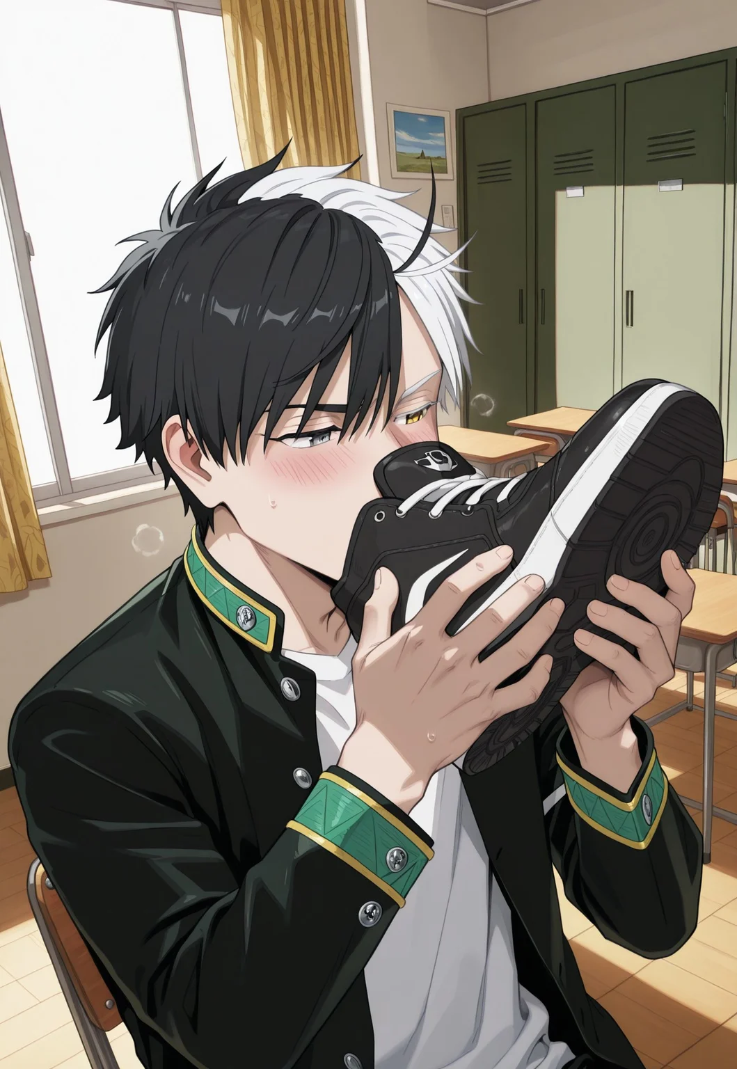 1boy, solo, male focus, HarukaSakura, split-color hair, multicolored hair, black hair, white hair, heterochromia, grey eyes, yellow eyes, two-tone hair,
gakuran, unbuttoned, white shirt,
half closed eyes, (blushing:0.8), holding black sneaker to face with both hands, steaming,
sitting,
front view, (close-up:1.2),
indoors, classroom, desk, chair, lockers, window, curtains,
masterpiece, absurdres, newest, best quality, amazing quality, perfect quality, very aesthetic, absolutely eye-catching, detailed background, detailed shading, realistic shading, detailed skin, highly detailed, intricate details, masterful composition, cinematic lighting