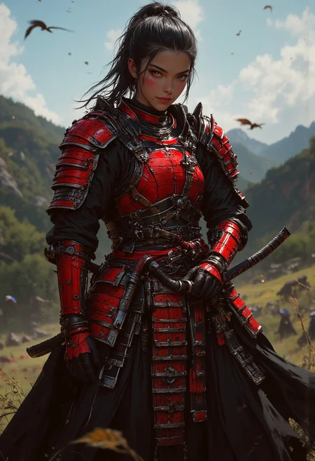 A far shot of a beautiful asian samurai girl with brown eyes and long black hair in a ponytail, wearing red samurai armor, she's holding a katana in her hands, she stands outside on a grassy field after an intense battle, samurai bodies on the ground, standing pose, (maximum ultra high definition image quality and rendering:3), maximum image detail, S1n0z1ck style, mythp0rt, samurai