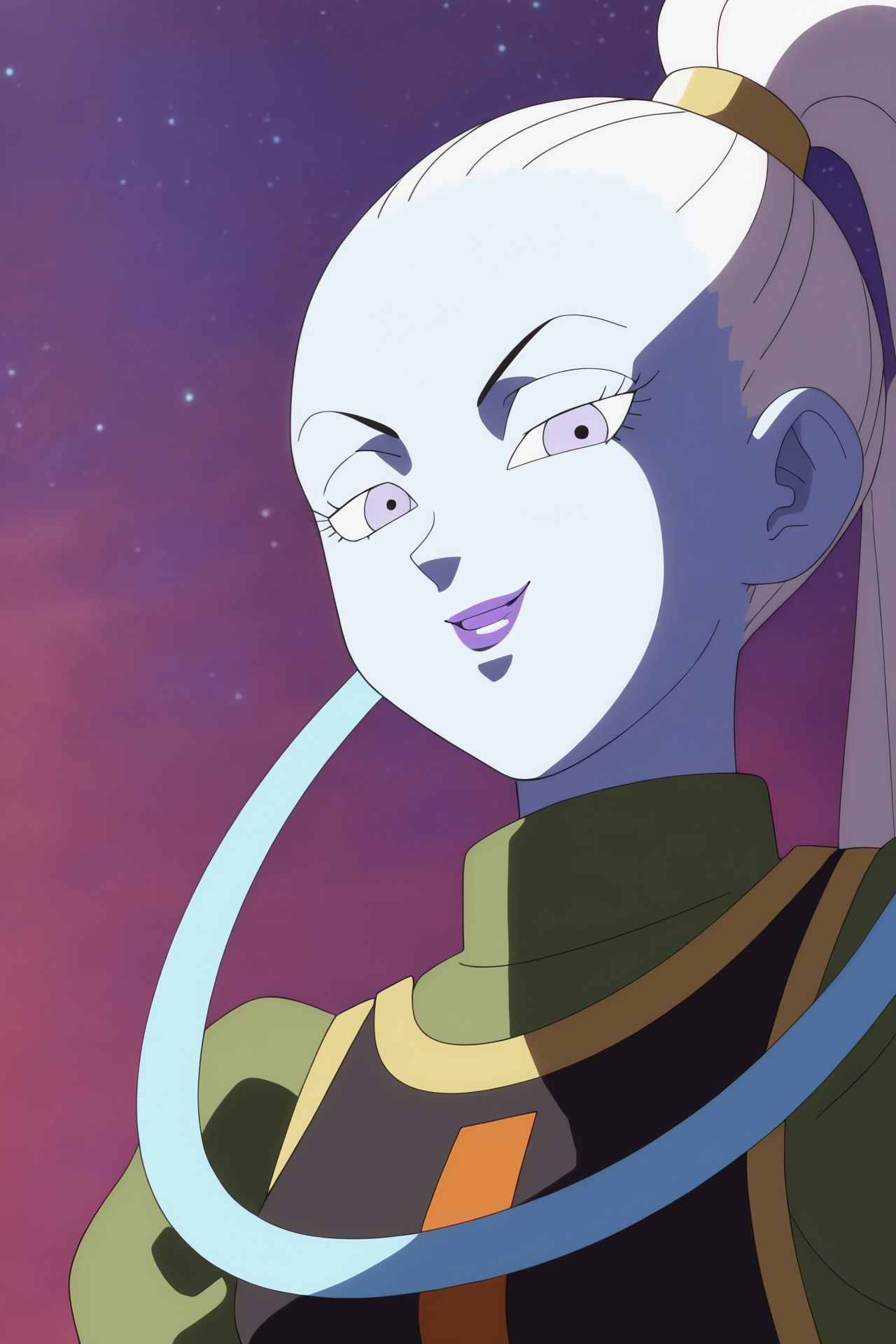 source_anime, score_9, score_8_up, score_7_up, anime screencap,8k, absurd res,
vados \(dragon ball\), hair pulled back, high ponytail, 1girl, solo, very long hair, looking at viewer, smile, white hair, ((sky)), eyelashes, makeup, colored skin, looking down, star \(sky\), evil smile, v-shaped eyebrows, undershirt, turtleneck, portrait, sleeveless dress, puffy sleeves, official style, neck ring, looking at another, juliet sleeves, green topwear, gold trim, from below, blue skin, black dress, space, purple lips
 <lora:vados_pony_v1:0.8>