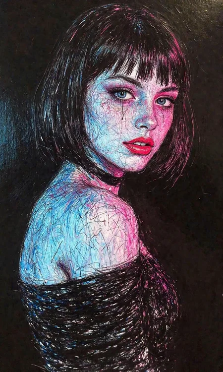 Medium close-up shot from a slightly high angle in a painting-like style with vibrant coloring, a woman's face, shoulders, and upper chest are appearing, body pose is slightly turned to the right side, face is looking over her shoulder and towards the camera, head is turned to the right side, body is positioned in the center of the frame, the image is made of a digital painting of a human figure with stylized features and bold outlines, round shape for the face, straight bridge for the nose, curved shape for the lips and eyes, makeup has duo colors, red lipstick and black eyeliner on the upper eyelids, face features include light skin with rosy cheeks, eyes are light blue, mouth is slightly open showing upper teeth, nose is straight and small, hairstyle is a short bob cut with straight bangs, hair color is black, clothes are a black off-shoulder dress and a black choker around her neck, background is solid black color, lighting is neon and dramatic with duo colors, pink and blue, highlighting the woman's face hair and shoulder creating a contrasted and vibrant atmosphere., <lora:FLUX-daubrez-DB4RZ-v2:0.35> DB4RZ, DB4RZ style painting
<lora:illustration004:0.8> illustration004 chaotic expressive line-art scribbled and erratic strokes monochromatic black ink
<lora:Scribble Portrait Drawing:0.35> Drawing
<lora:aidmaMJ6.1_v0.5_3:0.35> aidmamj6.1, aidmamj6