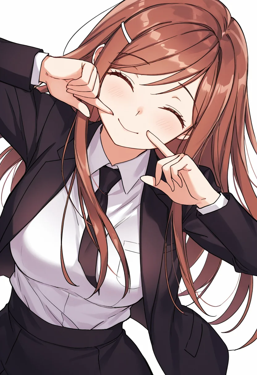 Smooth Quality,masterpiece,very intricate, high quality details, ultra realistic, high detailed skin,detailed enviorement,absurdres,
simple background, white background, dancing,skindentation, solo,dynamic angle,open hand,
<lora:Dasom_Lee_CNR:0.8> dasom_cnr, 1girl, brown hair, long hair, bangs, purple eyes,hairclip,dasom_uniform_cnr, school uniform,white shirt, collared shirt, black jacket, black skirt,pencil skirt,black necktie,, fingersmile,, \(^o^)/,