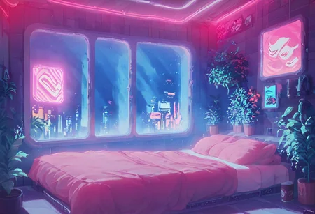 score_9,score_8_up,score_7_up,score_6_up,
steaming coffee cup on windowsill, plants on the windowsill, wall of plants, monstera plant, large plant, tidy bedrrom, small room, cramped bedroom, teddies on the bed, cyberpunk city view out of the window, neon light, purple neon lights,
