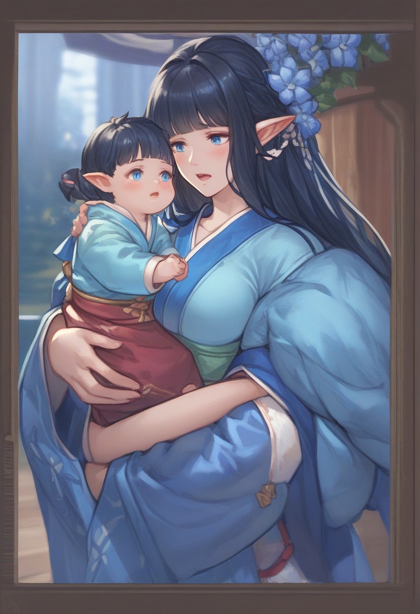Prompt: score_9, score_8, score_7, 1girl, baby, baby carry, blanket, 
carrying, commentary request, holding person, looking at another, mother and son, open mouth, original, elf ,pointy ears, blue eyes and long black hair, couplelunia, blue kimono, long black hair mother, wide long sleeves blue kimono, white sock, green obi, himecut, hime cut, blush, black hair wife, blue eyes, close up shot, upper body, blue flower hairpin,