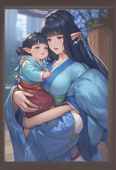 Prompt: score_9, score_8, score_7, 1girl, baby, baby carry, blanket, 
carrying, commentary request, holding person, looking at another, mother and son, open mouth, original, elf ,pointy ears, blue eyes and long black hair, couplelunia, blue kimono, long black hair mother, wide long sleeves blue kimono, white sock, green obi, himecut, hime cut, blush, black hair wife, blue eyes, close up shot, upper body, blue flower hairpin,