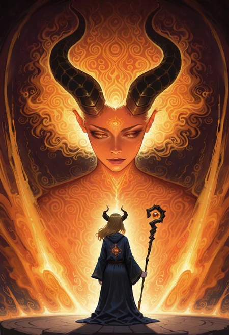 lazypos, character focused, anime girl, demon horns, golden hair, abstract style, painterly strokes, deep blue, fiery orange, holding staff, mystical charm, loose robe, magical aura, side glance, dynamic composition, expressive brushwork, surreal palette, modern fantasy, wind-blown hair, ethereal mood, bold colors, glowing warmth, tarustyle, artist:moriimee