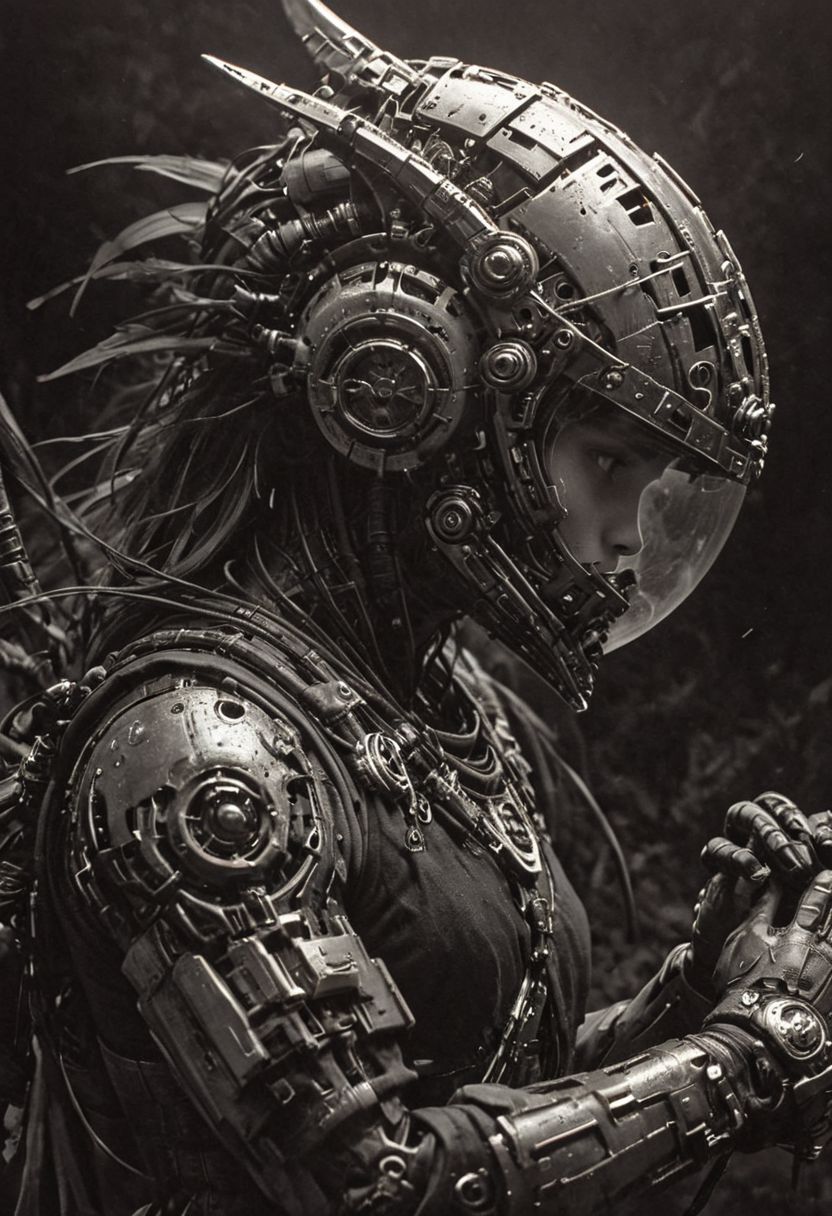 closeup portrait photo of an angry Cyborg Samurai, macro, a captivating vibrant dark capturing the essence of a cyborg Bedouin sorcerer in fight stance, defying expectations by conjuring a whimsical robot 'freak' from an oversized sedge hat. ethereal, smoky backdrop. throwing a translucent red/tanslucent vibrant orange-black, weapon, katana, holding katana, atmospheric haze, Film grain, cinematic film still, shallow depth of field, highly detailed, high budget, cinemascope, moody, epic, OverallDetail, gorgeous, 2000s vintage RAW photo, photorealistic, candid camera, color graded cinematic, eye catchlights, atmospheric lighting, skin pores, imperfections, natural, shallow dof,
seductive, nostalgic, gothic, by Yoji Shinkawa, Aaron Horkey, by Roger Dean, (professional, intricate details, masterpiece, best quality:1.5), Whimsical and Playful, imaginative, fantastical, bright colors, stylized,
In the depths of this nocturnal tableau lies the promise of exploration and discovery, where the spirit of the astronaut converges with the boundless possibilities of the cosmos. Though Earthbound for now, his spirit remains untethered, reaching out towards the distant stars with an unyielding resolve to explore, to discover, and to soar beyond the limits of imagination.
