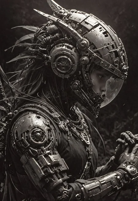 closeup portrait photo of an angry Cyborg Samurai, macro, a captivating vibrant dark capturing the essence of a cyborg Bedouin sorcerer in fight stance, defying expectations by conjuring a whimsical robot 'freak' from an oversized sedge hat. ethereal, smoky backdrop. throwing a translucent red/tanslucent vibrant orange-black, weapon, katana, holding katana, atmospheric haze, Film grain, cinematic film still, shallow depth of field, highly detailed, high budget, cinemascope, moody, epic, OverallDetail, gorgeous, 2000s vintage RAW photo, photorealistic, candid camera, color graded cinematic, eye catchlights, atmospheric lighting, skin pores, imperfections, natural, shallow dof,
seductive, nostalgic, gothic, by Yoji Shinkawa, Aaron Horkey, by Roger Dean, (professional, intricate details, masterpiece, best quality:1.5), Whimsical and Playful, imaginative, fantastical, bright colors, stylized,
In the depths of this nocturnal tableau lies the promise of exploration and discovery, where the spirit of the astronaut converges with the boundless possibilities of the cosmos. Though Earthbound for now, his spirit remains untethered, reaching out towards the distant stars with an unyielding resolve to explore, to discover, and to soar beyond the limits of imagination.