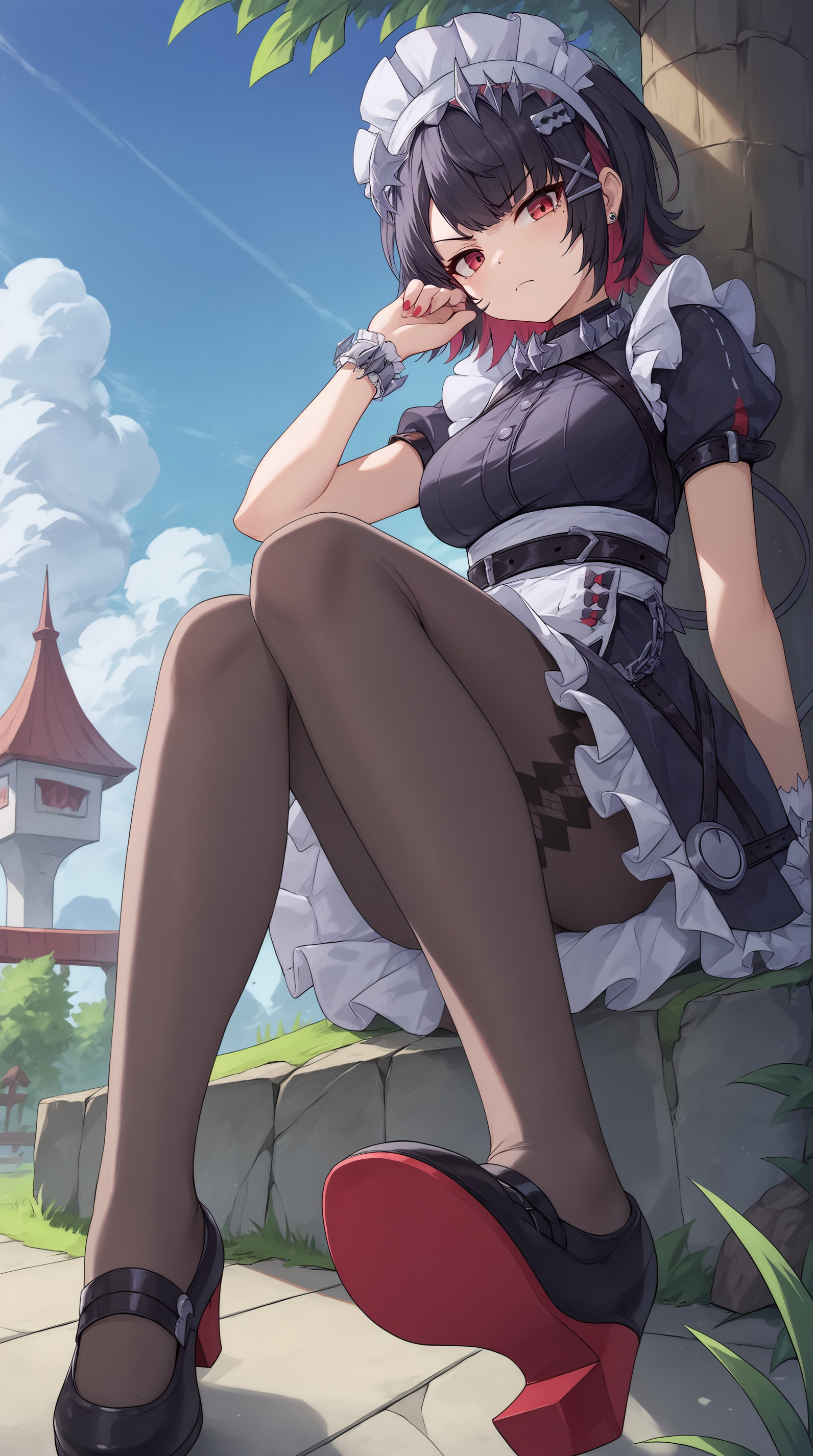 score_9, score_8_up, score_7_up, best background, detailed background, 4k, upscale, anime_source,  Ellen Joe, Main Outfit, solo, looking at viewer, closed mouth, full body, outdoors, shoe soles, tsundere,  <lora:JN_Ellen_Joe_Pony:0.8>