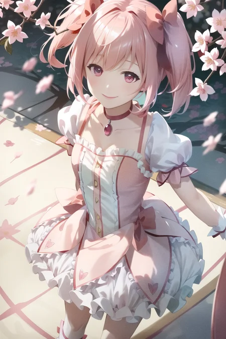 sunshine, windy, cherry blossoms, cherry blossom garden, aesthetic, intricate, sharp focus, best quality, extremely detailed,1girl, solo, cowboy shot, from above, BREAK Madoka Kaname, (detailed shiny_anime_style_eyes), extremely detailed textures, smiling, (standing in a cherry blossom garden), casual pose, posing <lora:MadokaKaname:1>