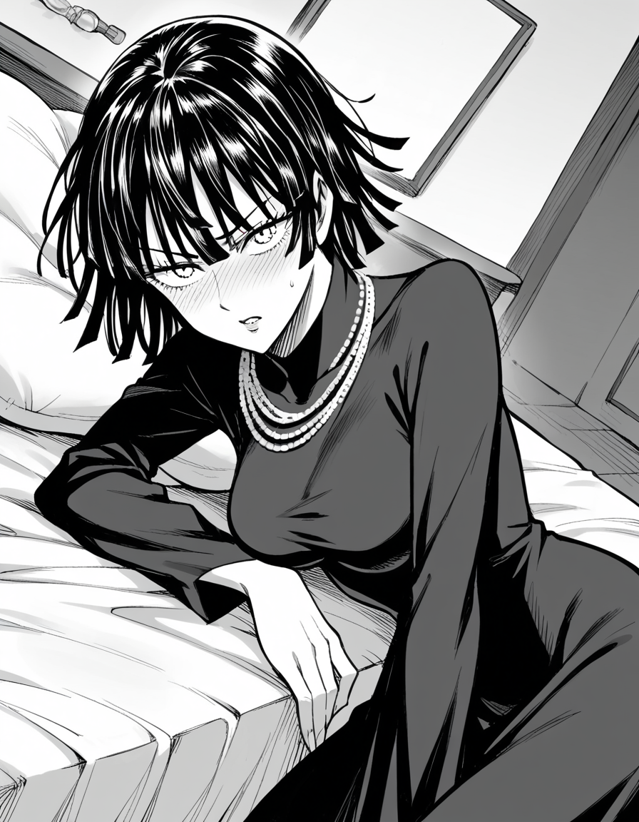 score_9, score_8_up, score_7_up, source_anime,
fubuki, <lora:opm-fubuki-manga-ponyxl-lora-nochekaiser:1>,
fubuki, fubuki \(one-punch man\), black hair, medium hair, monochrome, greyscale,
black dress, dress, high collar, jewelry, necklace, taut clothes, taut dress,
indoors, bed, bed room, on side, blush, drunk,
looking at viewer, cowboy shot, solo, dutch angle,