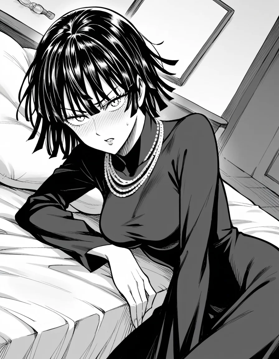 score_9, score_8_up, score_7_up, source_anime,
fubuki, <lora:opm-fubuki-manga-ponyxl-lora-nochekaiser:1>,
fubuki, fubuki \(one-punch man\), black hair, medium hair, monochrome, greyscale,
black dress, dress, high collar, jewelry, necklace, taut clothes, taut dress,
indoors, bed, bed room, on side, blush, drunk,
looking at viewer, cowboy shot, solo, dutch angle,