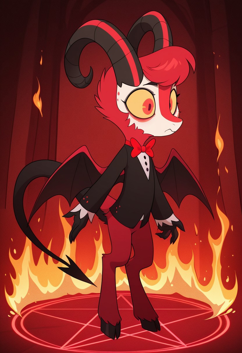 masterpiece, best quality, amazing quality, dazzle, solo, 1boy, Demon, goat horns, yellow sclera, red Eyes, Demon wings, red fur, tuxedo, red bowtie, bara, full body, fire pentagram,