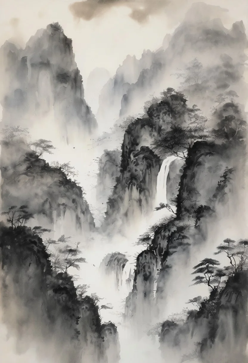 chinese ink painting, intentional blank, vacant space,  bold watercolor ink splash painting with intricate, B&W.
whimsical scene, In the dawn soft light, the view of cliff and waterfall, surrounded by delicate mist, it is very cold and chill and windy, snowflakes splashing light in air, romantic atmospheric background