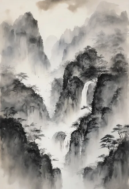 chinese ink painting, intentional blank, vacant space, bold watercolor ink splash painting with intricate, B&W.
whimsical scene, In the dawn soft light, the view of cliff and waterfall, surrounded by delicate mist, it is very cold and chill and windy, snowflakes splashing light in air, romantic atmospheric background