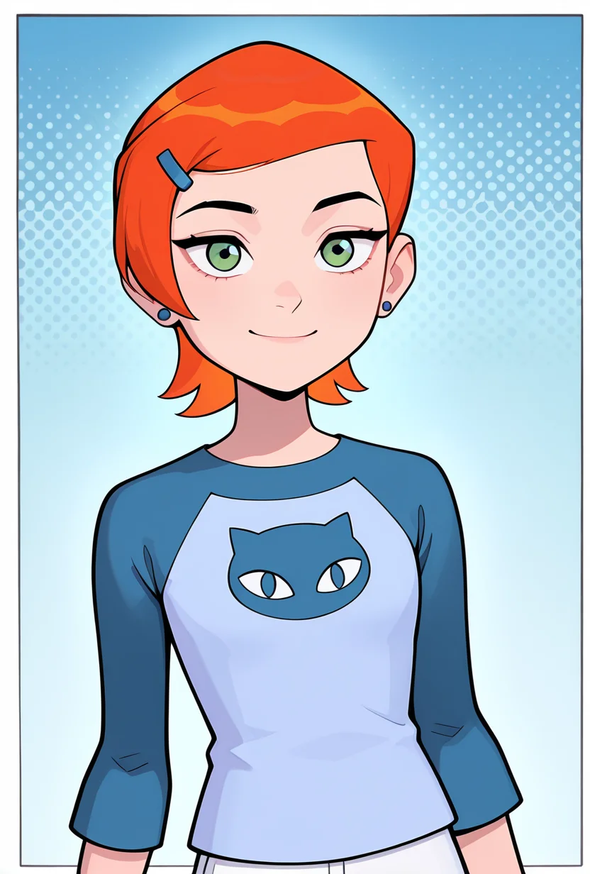 <lora:gwenos-08:1> gwenos, short hair, hairclip, orange hair, 1girl, green eyes, earrings, solo, blue shirt, raglan sleeves, cat print, white pants, blue background, eye liner, smile, ((cartoon, screencap)), pose, thick borders, ((upper body, halftone effect, white borders, abstract background:1.2,)), masterpiece, best quality, amazing quality, very aesthetic, absurdres, newest,