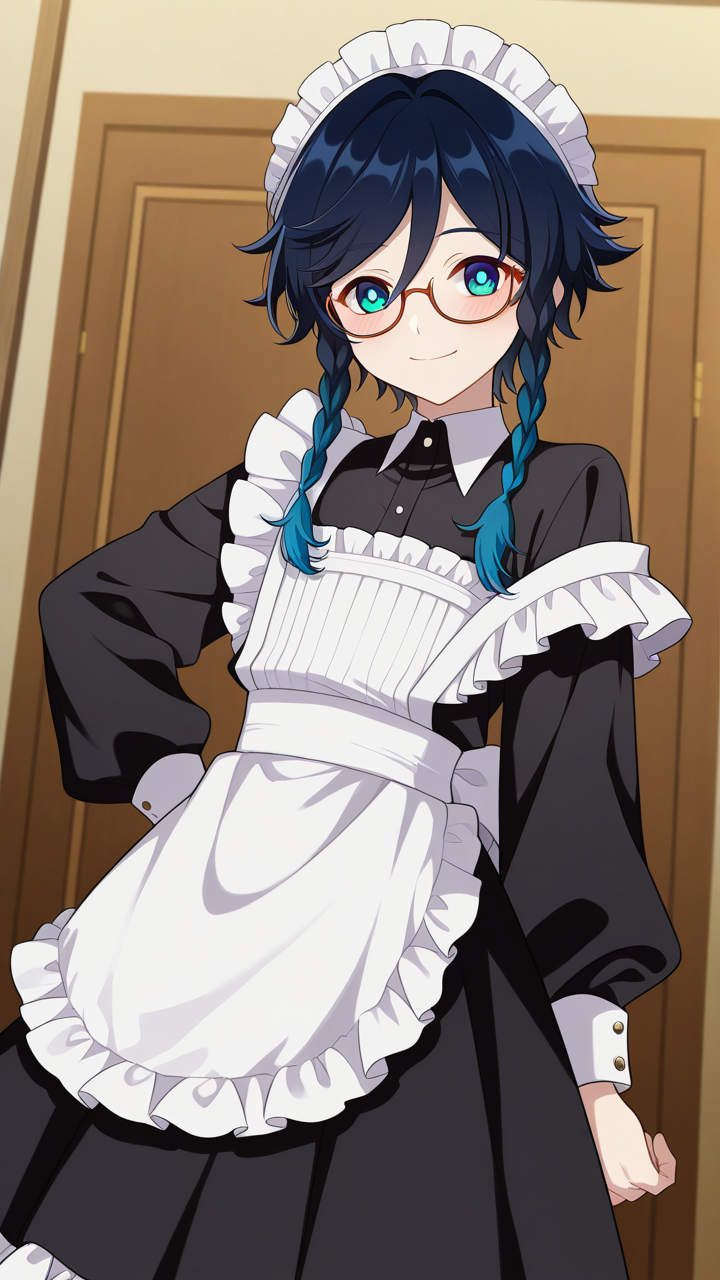 solo, smile, blush, glasses,, masterpiece, best quality, amazing quality, very aesthetic, absurdres, newest, anime screencap, <lora:ventiILM:1>, venti (genshin impact), short hair with long locks, aqua hair, green eyes, aqua eyes, blue hair, black hair, braid, gradient hair, twin braids, side braids, hair between eyes, androgynous,, maid, maid apron, frills, frilled dress, black dress, maid headdress, modern house,