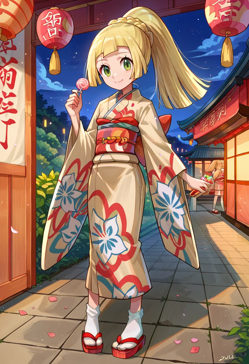 solo, holding food, cotton candy, summer festival, stall, night sky, smile, <lora:Lillie_PonyXL:0.9> 1lillie1, blonde hair, long hair, green eyes, 5newyear5, ponytail, print kimono, obi, sandals, socks, japanese clothes, :q,, score_9, score_8_up, score_7_up, source_anime,