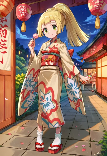 solo, holding food, cotton candy, summer festival, stall, night sky, smile, <lora:Lillie_PonyXL:0.9> 1lillie1, blonde hair, long hair, green eyes, 5newyear5, ponytail, print kimono, obi, sandals, socks, japanese clothes, :q,, score_9, score_8_up, score_7_up, source_anime,