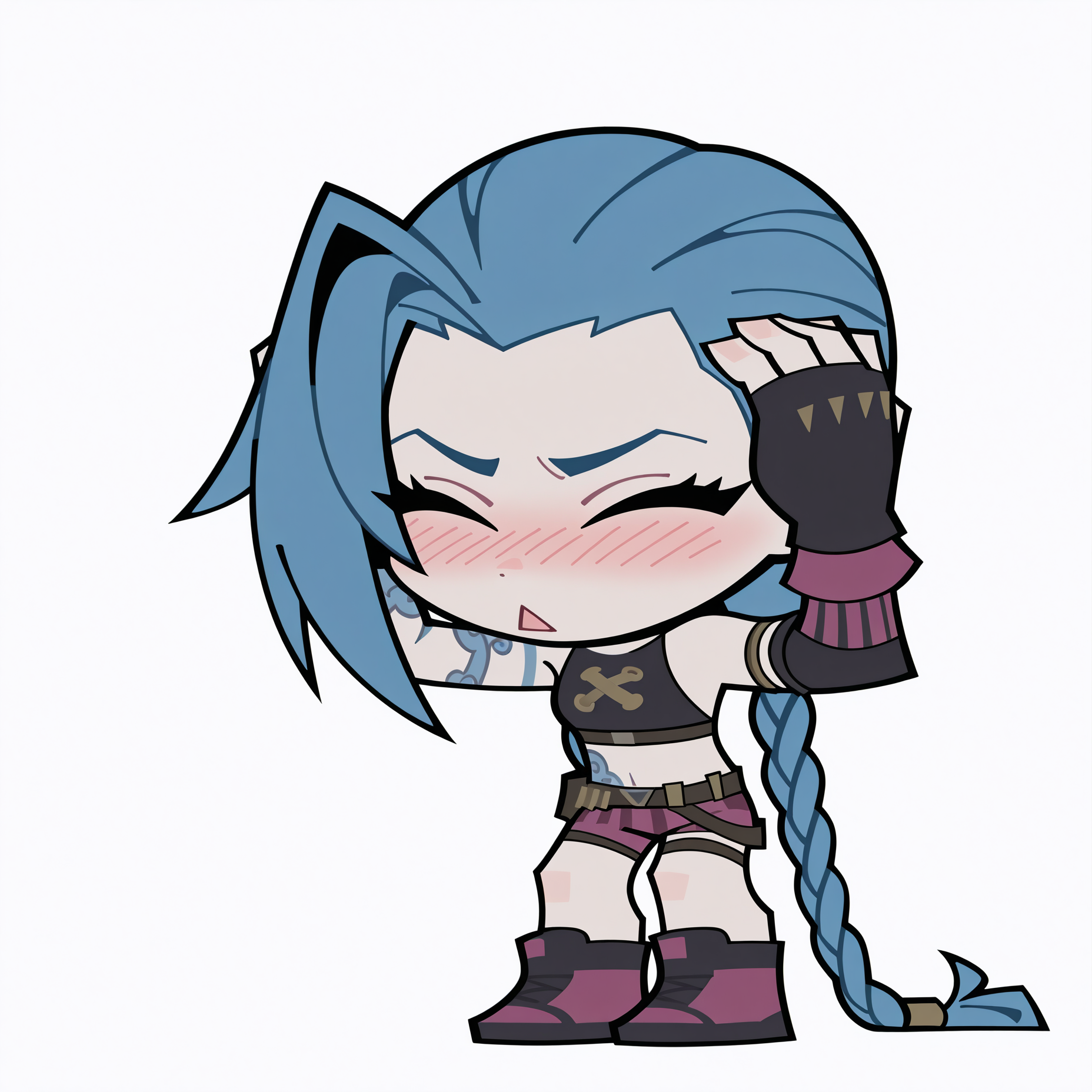 highres, hi res, best quality, masterpiece, 2d,
1girl, solo, female, eyelashes, nose, nose blush, blue hair, braid, long braid, long hair, pink eyes, tattoo, twin braids, very long hair, jinx \(league of legends\), arcane jinx,
full body, closed eyes, hands on own head, ah eto... bleh \(meme\), chibi, meme, parody, triangle mouth, flat color,
depth of field, white background, simple background, <lora:ZZZ_Stroll_Sticker_ILXL:1>,