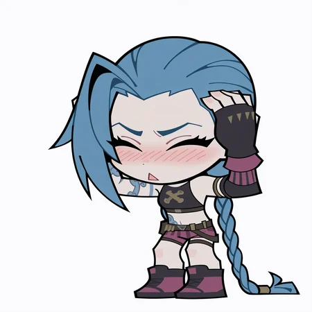 highres, hi res, best quality, masterpiece, 2d,
1girl, solo, female, eyelashes, nose, nose blush, blue hair, braid, long braid, long hair, pink eyes, tattoo, twin braids, very long hair, jinx \(league of legends\), arcane jinx,
full body, closed eyes, hands on own head, ah eto... bleh \(meme\), chibi, meme, parody, triangle mouth, flat color,
depth of field, white background, simple background, <lora:ZZZ_Stroll_Sticker_ILXL:1>,