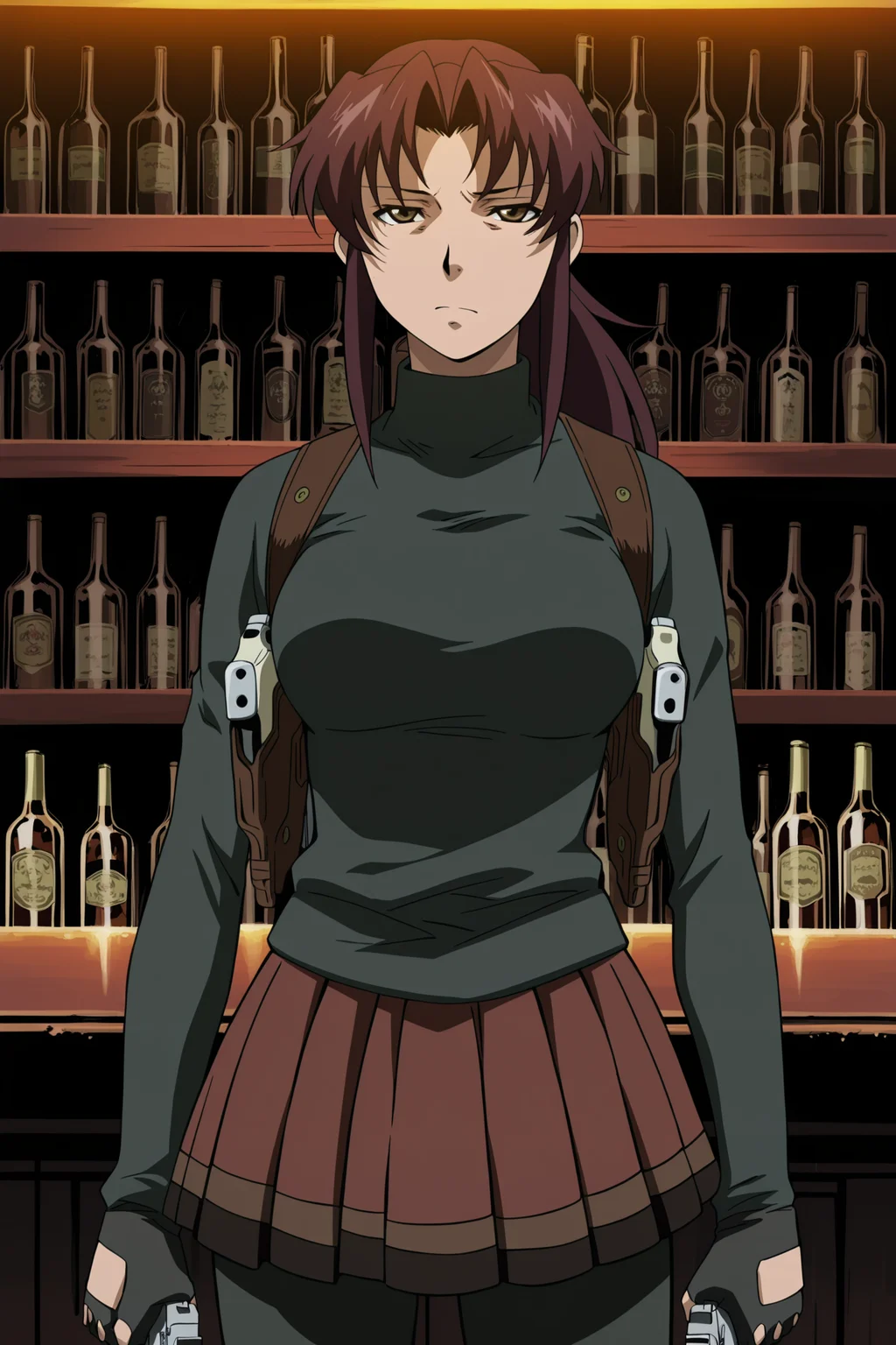 anime screencap, anime coloring, detailed face, masterpiece, best quality, very aesthetic, absurdres, volumetric lighting, official style, amazing quality, ultra detailed,  highres, amazing quality, scenery, beautiful detailed hair, beautiful detailed eyes, 
 <lora:Revy_Black_Lagoon:1>
in a bar, alcohol bottles,
Revy (character), 1girl, solo, revy (black lagoon), burgundy hair, ponytail, brown eyes,
Revy black tactical suit with skirt (outfit), shoulder holster, weapon, gun, handgun, holster, pantyhose, dual wielding, skirt, holding, fingerless gloves, serious expression, looking at the viewer
