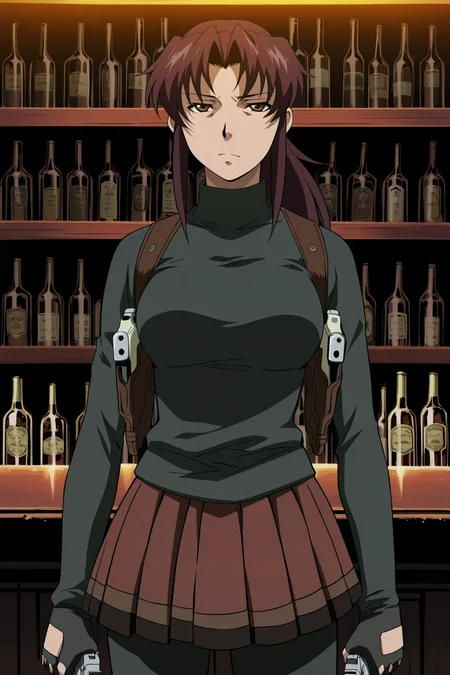 anime screencap, anime coloring, detailed face, masterpiece, best quality, very aesthetic, absurdres, volumetric lighting, official style, amazing quality, ultra detailed, highres, amazing quality, scenery, beautiful detailed hair, beautiful detailed eyes,
<lora:Revy_Black_Lagoon:1>
in a bar, alcohol bottles,
Revy (character), 1girl, solo, revy (black lagoon), burgundy hair, ponytail, brown eyes,
Revy black tactical suit with skirt (outfit), shoulder holster, weapon, gun, handgun, holster, pantyhose, dual wielding, skirt, holding, fingerless gloves, serious expression, looking at the viewer