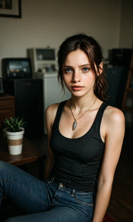 embedding:Stable_Yogis_Illustrious_Positives, RAW photograph, photorealistic, masterpiece, 1girl, solo, claire redfield, brown hair, blue eyes, parted bangs, ponytail, brown hair, bare shoulders, feather necklace, dark tank top, jeans, sitting, coffeeshop, indoors, golden hour, beautiful, parted lips, depth of field,<lora:claire_redfield_sdxl.safetensors:1.0:1.0>