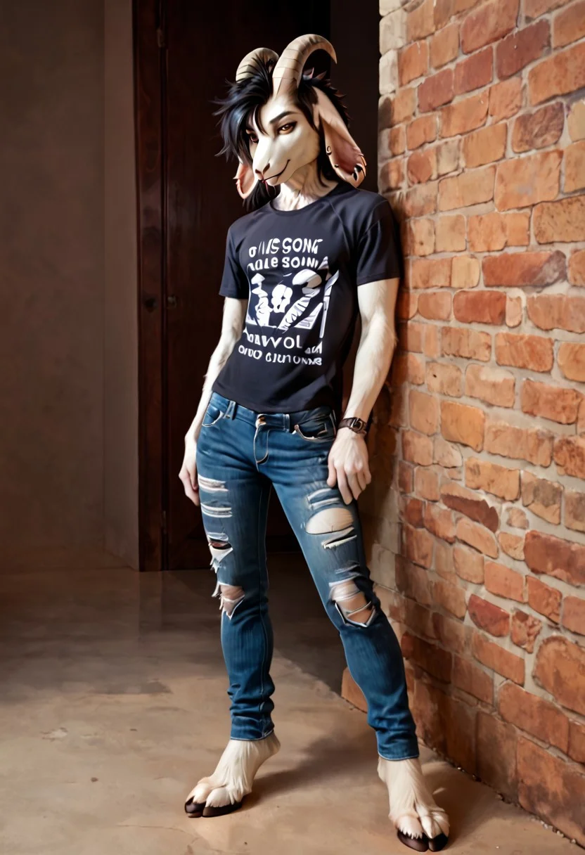 score_9, score_8_up, score_7_up, score_6_up, high res, detailed background, detailed face, detailed mouth, high detail, (furry, fluffy), slim body, full body, male, (((1boy, solo))), goat, black hair, long hair, brown eyes, looking at viewer, black T-shirt, torn jeans, goat horns, smile, nose piercing, ear piercing, goat tail, paws, slim figure