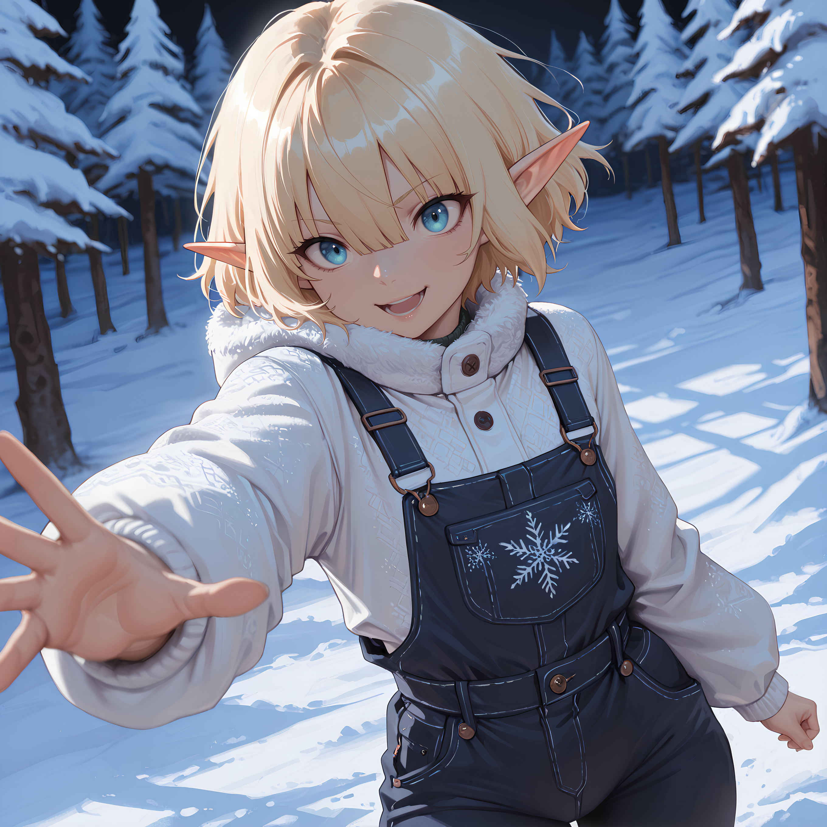 HDR, 8K, masterpiece, best quality, amazing quality, very aesthetic, absurdres, newest, volumetric lighting, 1girl, anime, blunt bangs, short hair, (light blonde hair:1) (hair between eyes:1.5), (Casual Overalls:1), (winter outfit:1.3), (satisfied:0.5), (from below:0.3) winter snow forest, elf, dynamic pose, 
(depth of field:1) (subtle vignetting:1) 
<lora:MoriiMee_Gothic_Niji_Style_Illustrious_r1:0.3> artist:moriimee