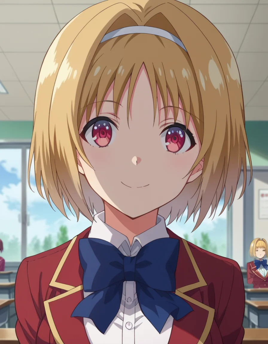 score_9, score_8_up, score_7_up, source_anime,
kikyoukushida, <lora:kikyou-kushida-s2-ponyxl-lora-nochekaiser:1>,
kikyou kushida, short hair, blonde hair, red eyes, hairband, hair intakes,
shirt, long sleeves, bow, school uniform, jacket, white shirt, bowtie, blue bow, blazer, red blazer,
indoors, classroom, smile,
looking at viewer, dutch angle, cowboy shot,