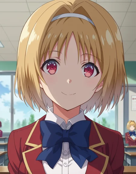score_9, score_8_up, score_7_up, source_anime,
kikyoukushida, <lora:kikyou-kushida-s2-ponyxl-lora-nochekaiser:1>,
kikyou kushida, short hair, blonde hair, red eyes, hairband, hair intakes,
shirt, long sleeves, bow, school uniform, jacket, white shirt, bowtie, blue bow, blazer, red blazer,
indoors, classroom, smile,
looking at viewer, dutch angle, cowboy shot,