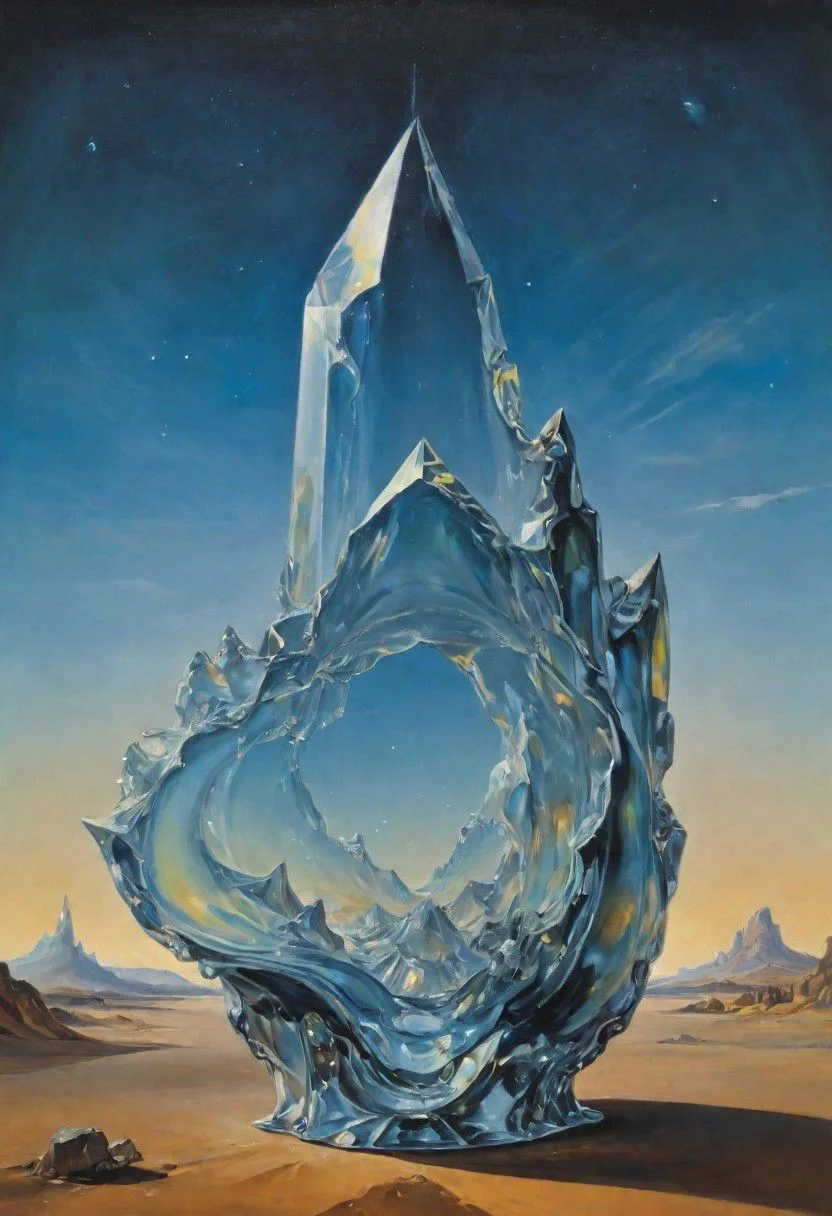 a detailed painting of a transparent ancient crystal by Salvador Dal. smooth, solid, clean brushstrokes, high quality, cosmic eclipse. flowing, beautiful, surreal, unbelievable, prolific, fine detail, uhd 8k